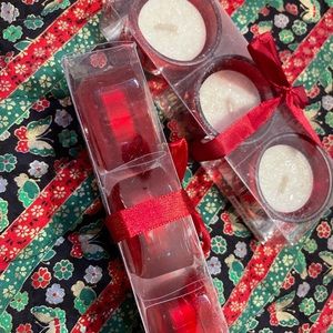 Lot of 2 new sets of ruby red glass tea light candle holders with candles